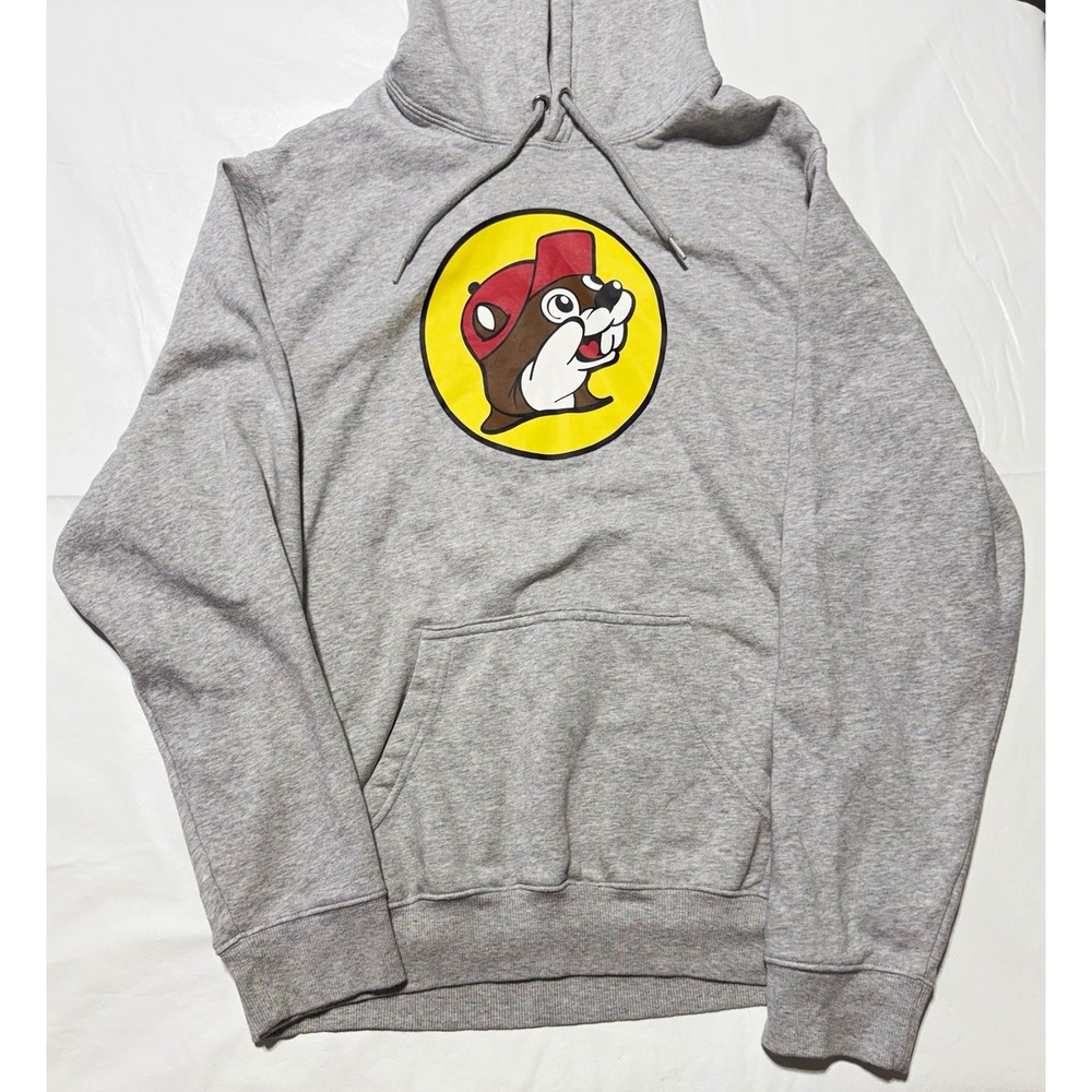 Buc-ee's Gray Pullover Hoodie Mens L Fleece Graphic Beaver Logo Pockets